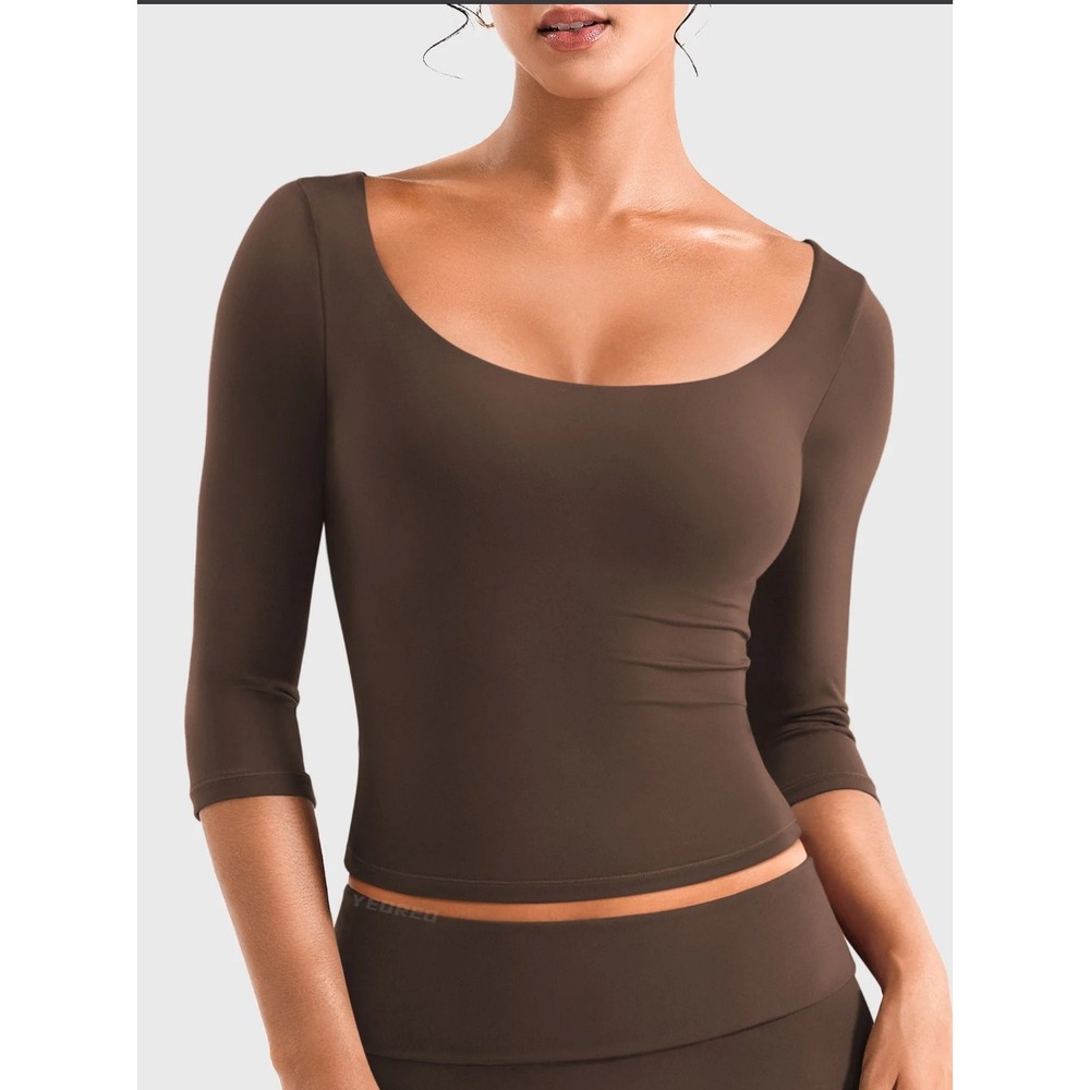 Yeoreo Hanlar 3/4 Sleeve Top Brown Scoop Neck Activewear Shirt Size S
